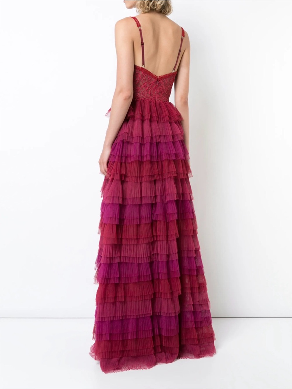 MARCHESA NOTTE Tulle Ruffled Evening Maxi Dress Berry Sz 4 - Picture 3 of 9